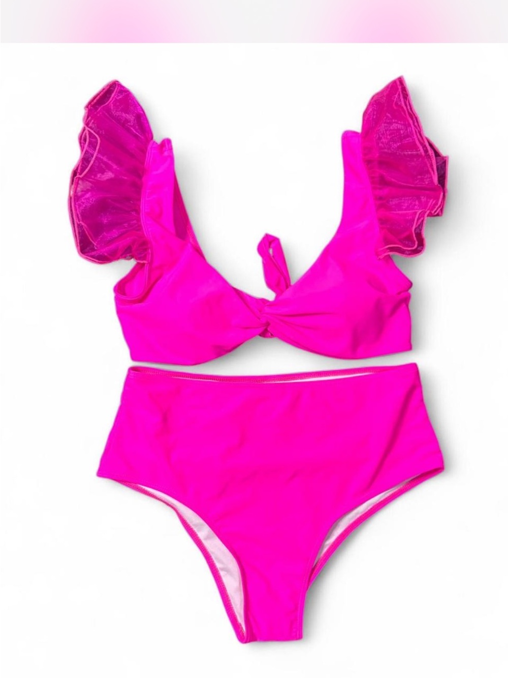 Women’s High-Waist Ruffle Shoulder Bikini Set - Hot Pink